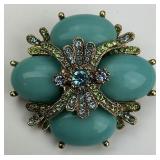 Vintage Turquoise & Gemstone Floral Brooch Pin.