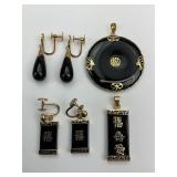 6pc 14KT Gold Onyx Pendants & Earrings.