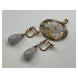 14KT Gold Lavender Jade Drop Earrings & Pendant.