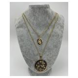 Pair Gold Inlay Damascene Bird & Floral Necklaces.