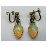 Gold Pearl Earrings w/ Diamond, Emerald Accent.