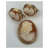 14KT Gold Carved Shell Cameo Pin & Earrings.