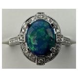 White Gold Art Deco Black Opal & Diamond Ring.