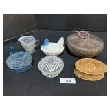 Hen & Swan On Nest, Hobnail Glass, Wicker Baset.