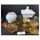 Amber Glass Basket, Lamp Base, Milk Glass.