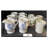 Blue Decorated Stoneware Mugs & Creamer.