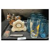 New Haven Clock, 7 Blue Glass Tumblers.