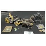 Cast Iron Still Bank, Horse Drawn Cart, Marble.
