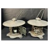Pair Of Cast Iron Japanese Pagoda Garden Lanterns.