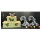 NOS Cast Iron Squirrels, Ceramic Chickens.