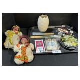 Lenox Vase, Thimbles, Yarn Dolls.