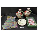 Santa Tea Pots, Pegged & Glass Ornaments.