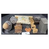 Pin Cushions, Rulers, Advertising Cocoa Container.