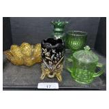 Uranium Glass Dish, Cut Glass Bowl, Vases.