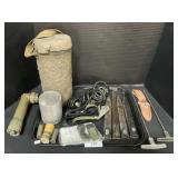 Military Scabbards, Flashlight, Gas Mask Case.