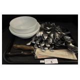 Assortment Of Flatware, Knives & Dishes.