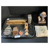 Pin Cushions, Adv. Cocoa Tin & Rulers, Tramp Art.