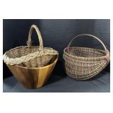 2 Wicket Baskets, 1 Wooden Basket.