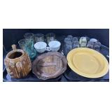 Pottery Teapot, Yellowware Plate, Glassware.