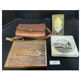 Leather Handbag, Carved Wood Car Plaque.
