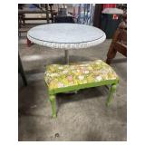 Wick Glasstop Table, Floral Upholstered Bench.