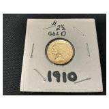 2 1/2 Dollar Gold 1910 Indian Head Coin.