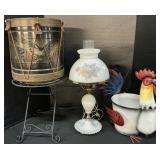 Drum & Rooster Buckets, Table, Hurricane Lamp.