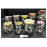 9 Glass Jars Of Vintage Buttons.