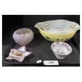 Pyrex Mixing Bowls, Fenton Glass Bowl.