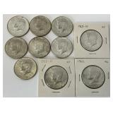 10 40% Silver1966-1969 Kennedy Half Dollars.