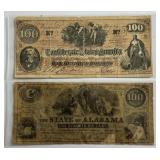 Confederate & Alabama $100 Currency Notes.
