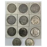 11 40% Silver 1971-1976 Eisenhower Dollars.