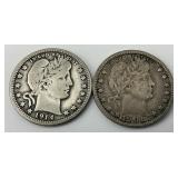 90% Silver 1901 & 1914 Barber Quarters.