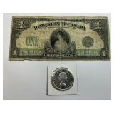 1917 Canadian Dollar Bill & 1963 Dollar Coin.