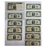 12 Red & Green Sealed 1928-1995 2 Dollar Bills
