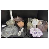 Lidded Glass Jars, Milk Glass Vase, Floral Plates.