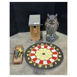 Owl Decoy, Bird House, Dart Board.