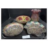 Fenton Carnival Glass Bowls, Teleflora Glass Vase.