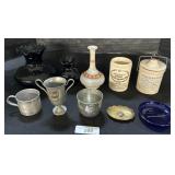 Blown Art Glass Vases, Stoneware Jars, Tin Cups.;