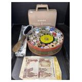 Singer Sewing Machine, Thread, Brush.