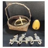 Cast Iron Cat Hooks, Baskets, Bee Hive Candle.