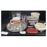 Character Glasses, Adv Tin, Stoneware Crock.