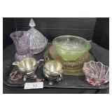 Green & Pink Depression Glass Bowls & Plates.