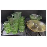 Uranium Glass Pitcher, Glasses, & Bowls.