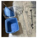 Primitive Hay Pitchforks, Storage Totes, Canes.