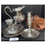 Silver Pitcher, Candlestick Holder, Wooden Bowl.