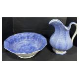 Antique Blue Spatterware Pitcher & Bowl.