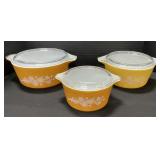 3 Butterfly Gold Pyrex Pots.