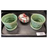 Waterford Christmas Ornament, 2 McCoy Planters.