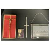 Crucifix, Dynflacken Glass, Boy Scout Medal.